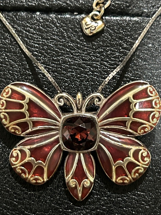 Brighton Jewelry - Brighton Silver Butterfly Necklace with Deep Red Enamel and Garnet-Like Stone